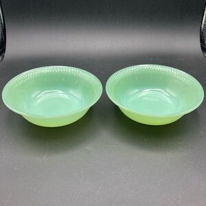 2 Vintage Fire King Jadeite Jane Ray Green Ribbed Dessert Bowl 4 3/4” Oven Safe